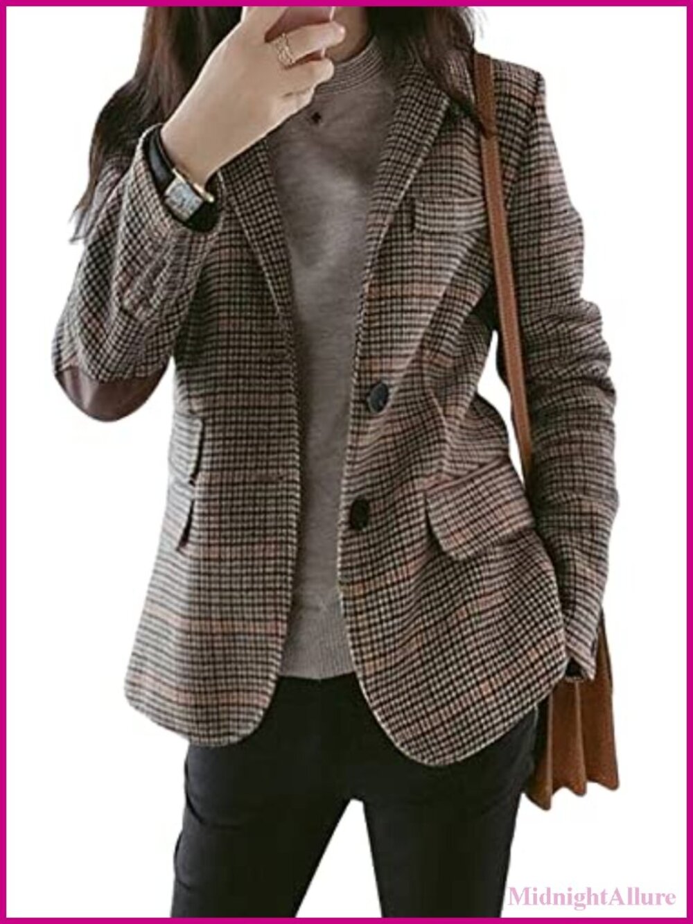 Women's Tweed Plaid Blazer Notch Collar 2-Button Business Suit Jacket